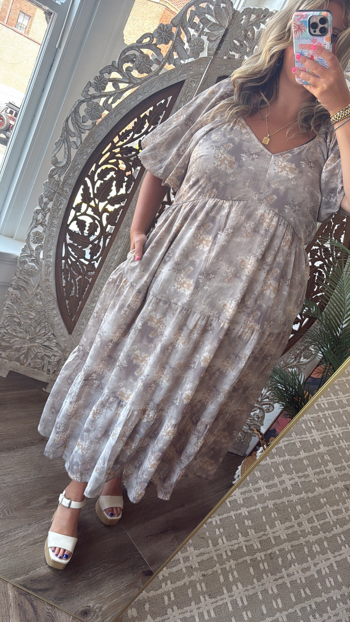 Granite Hues Whimsical Bubble Sleeve Maxi Dress, Taupe
