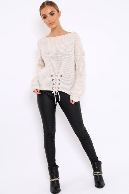 Beige Chunky Knit Corset Waist Knitted Jumper - Mikayla