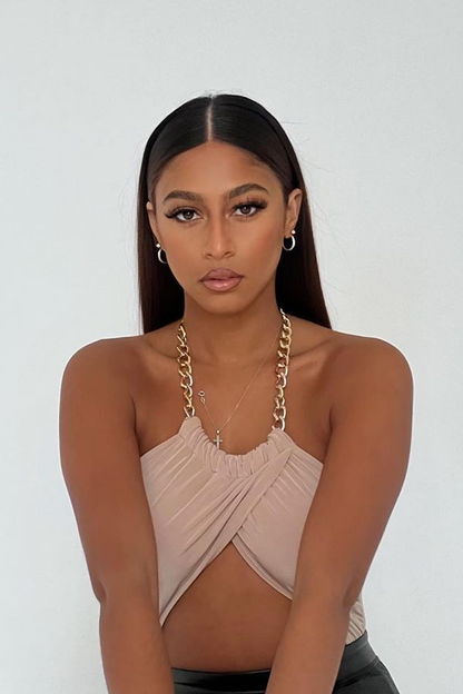 Beige Gold Chain Halter Neck Crop Top - Leena