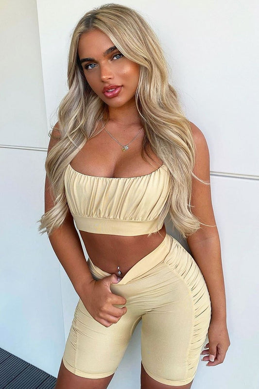 Beige Ruched Panel Crop Top + Cycling Shorts Co-ord - Zariah