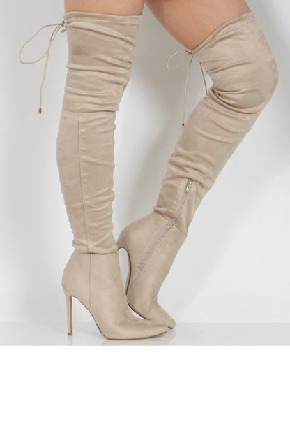Beige Suede Over the Knee Drawstring Stiletto Boots - Avery