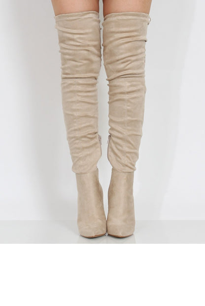 Beige Suede Over the Knee Drawstring Stiletto Boots - Avery