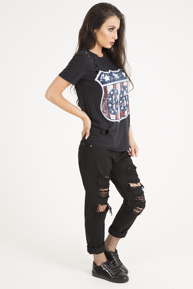 Black '66' Graphic Print Laser Cut Top - Gracie