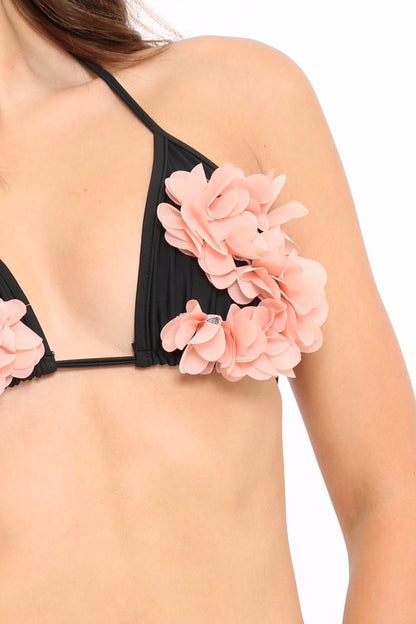 Black And Pink Applique Flower Bikini Set - Halley