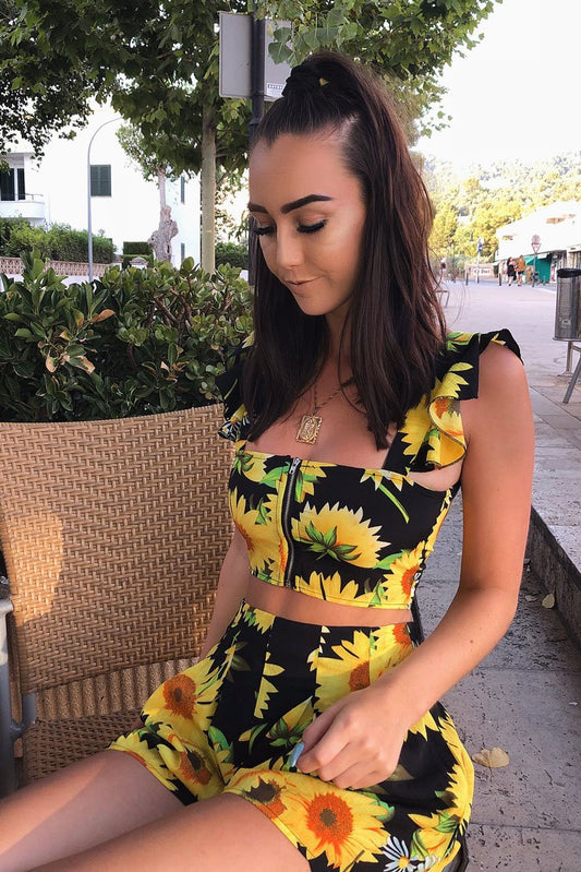 Black And Yellow Floral Tie Front Crop Top and Short Co-ord - Edris