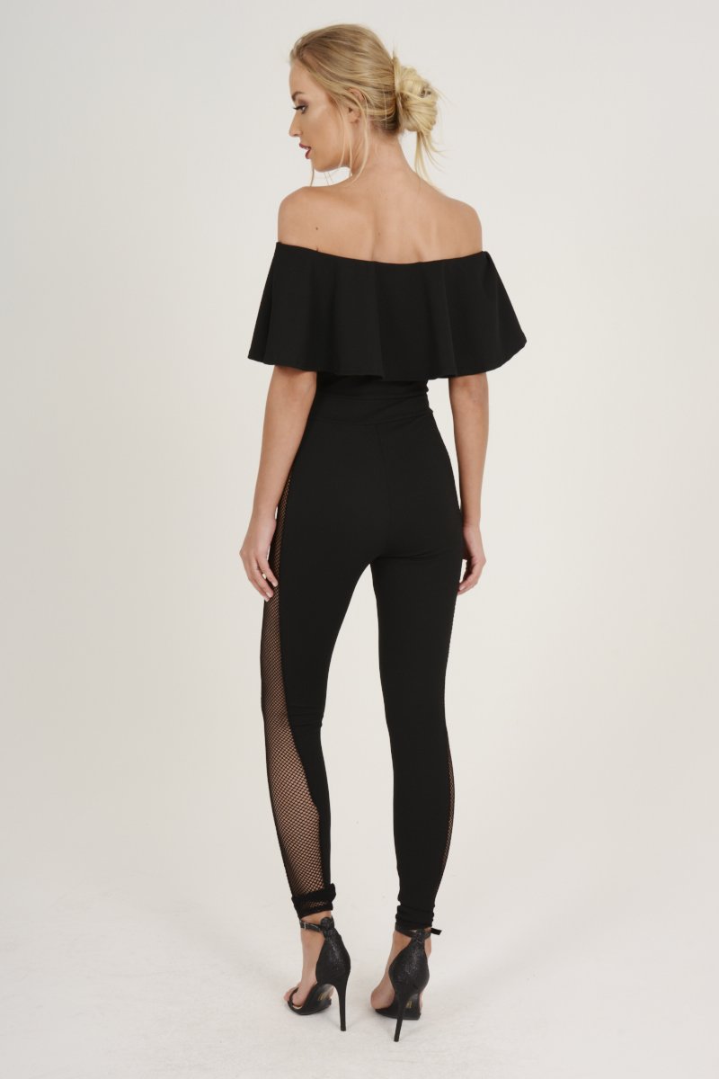 Black Bardot Frill Mesh Sides Jumpsuit - Bronwyn