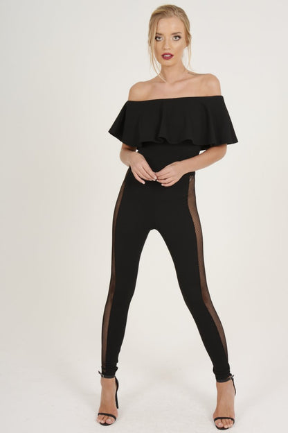 Black Bardot Frill Mesh Sides Jumpsuit - Bronwyn