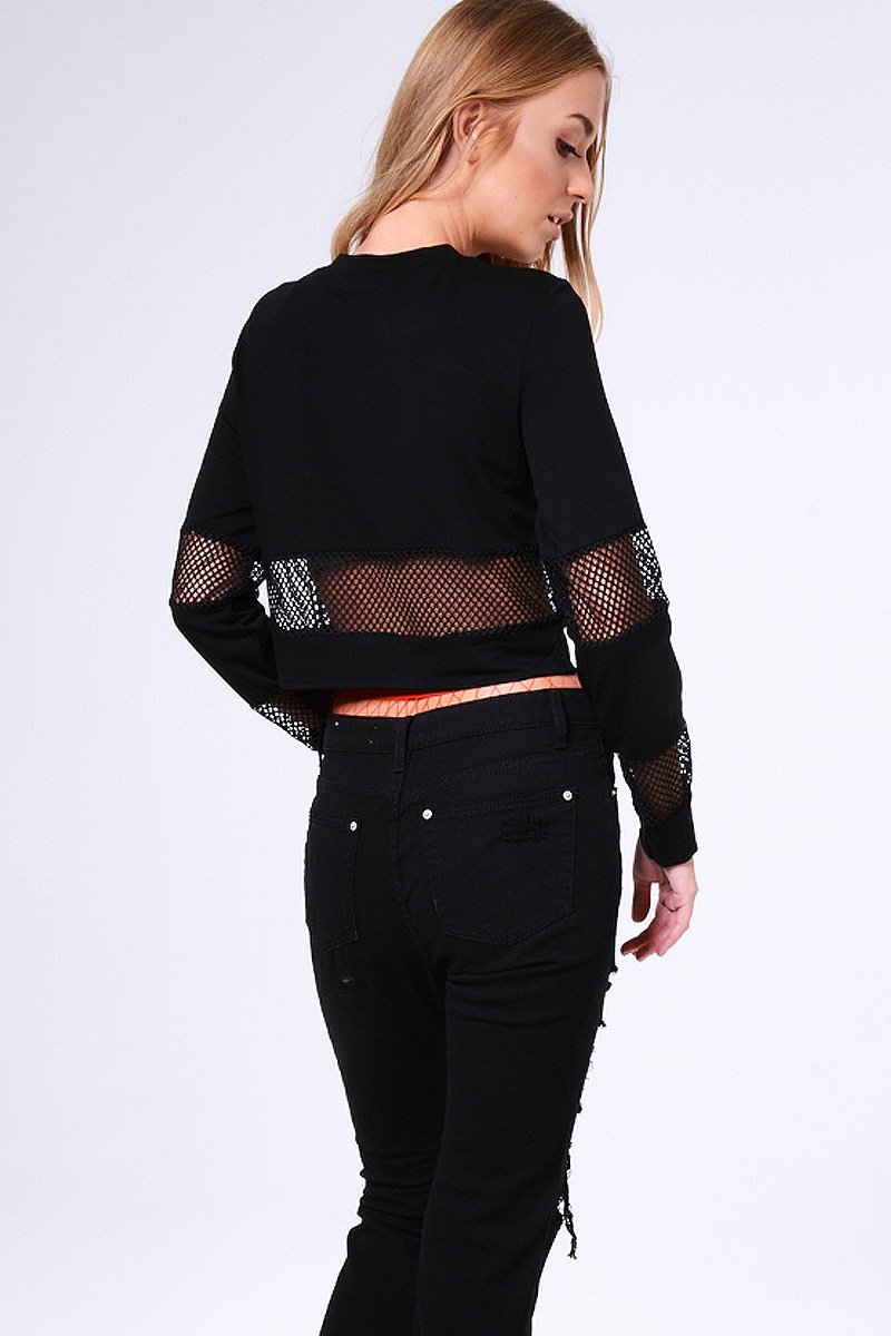 Black 'Troublesome' Slogan Mesh Panel Cropped Jumper - Ollie