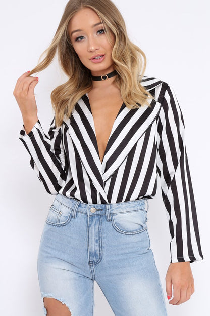 Black & White Striped Open Collar Bodysuit - Torie