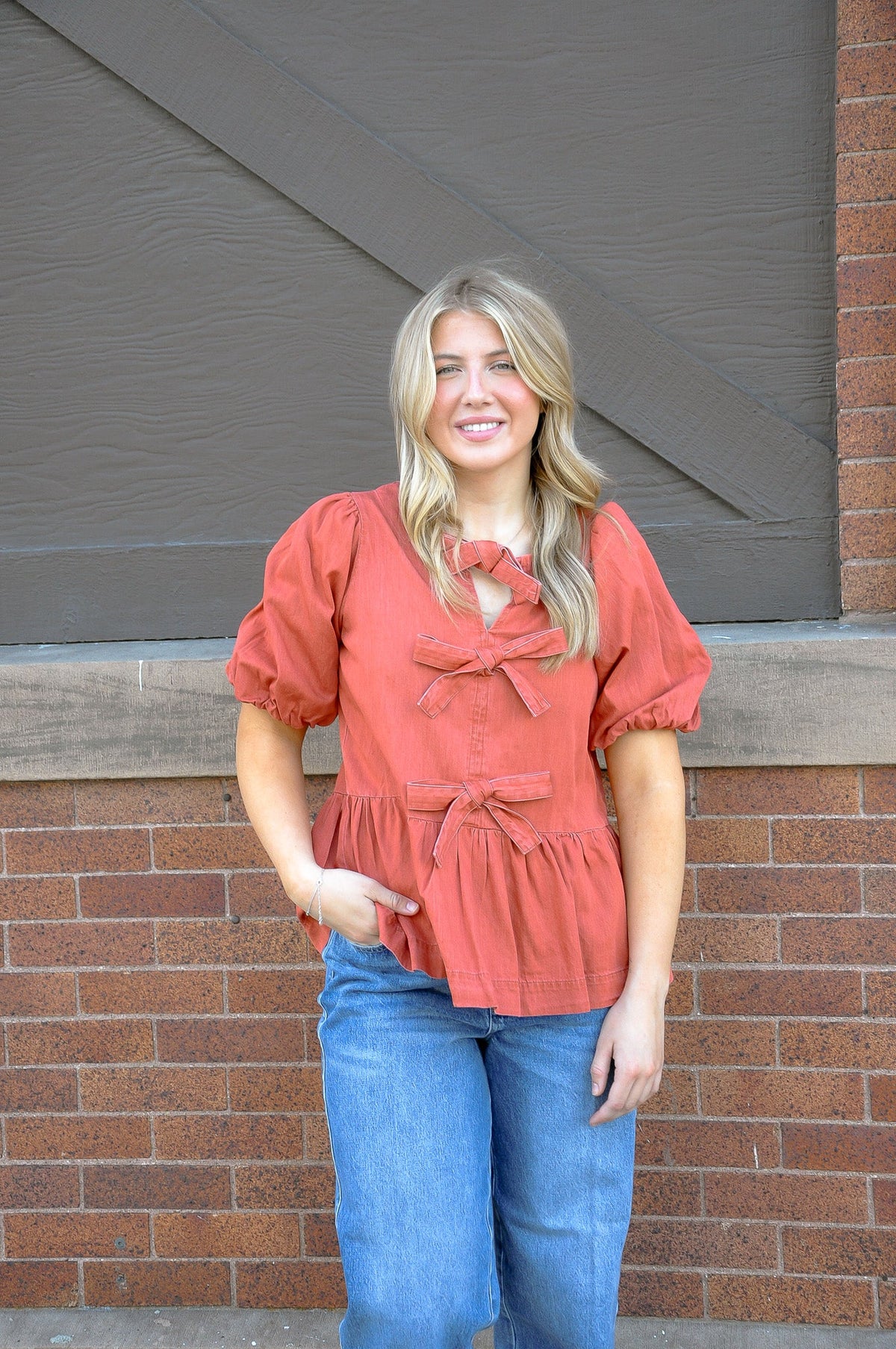 Bow Front Denim Peplum Top