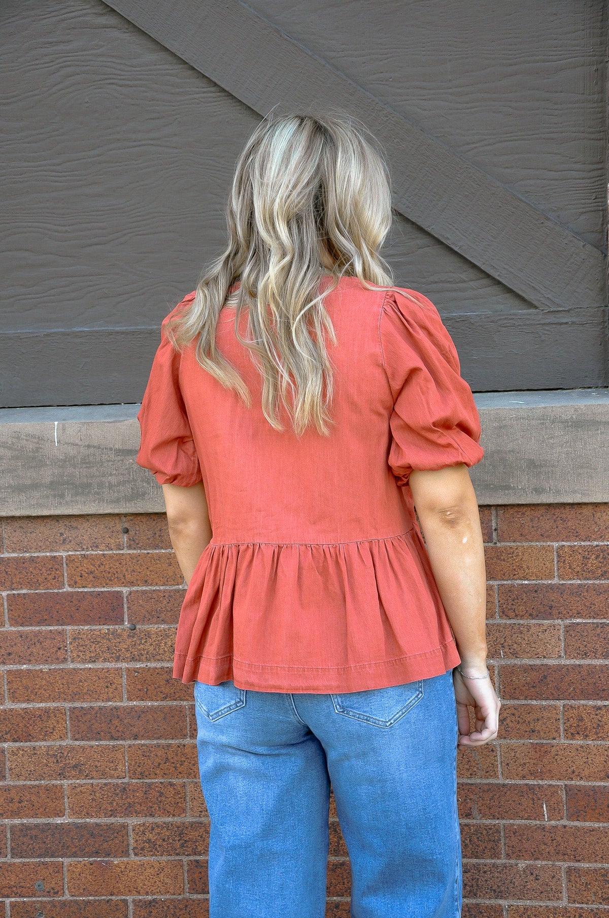 Bow Front Denim Peplum Top