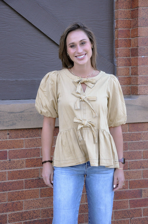 Bow Front Denim Peplum Top