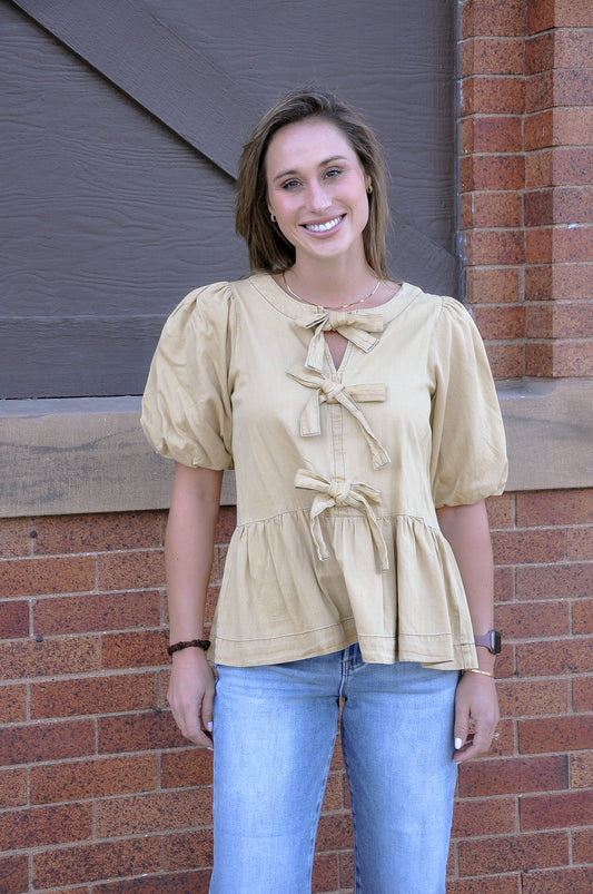 Bow Front Denim Peplum Top