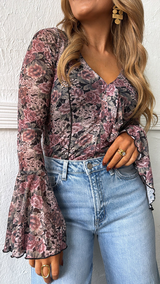 Last Floral Kiss Tied Top, Black