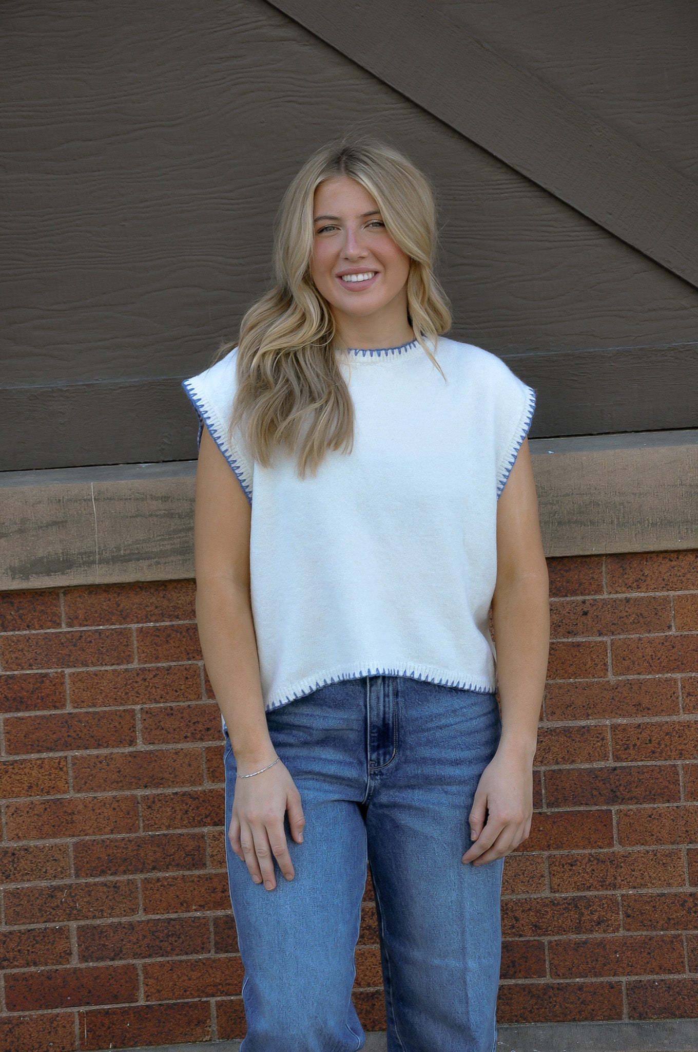 Cap Sleeve Blanket Stitch Sweater