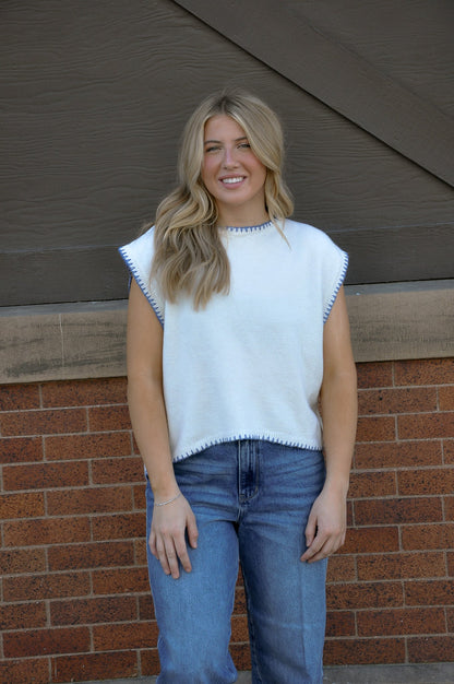 Cap Sleeve Blanket Stitch Sweater