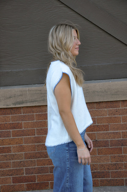 Cap Sleeve Blanket Stitch Sweater