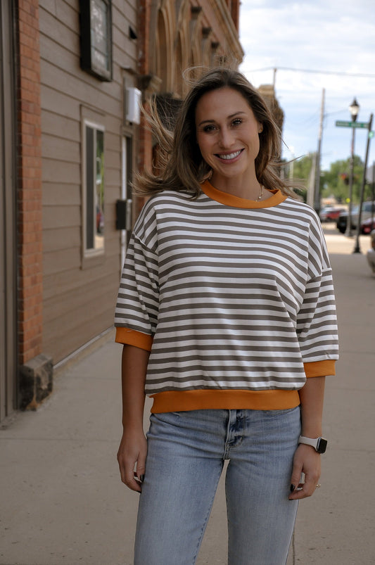 Colorblock Trim Stripe Short Drop Sleeve Top