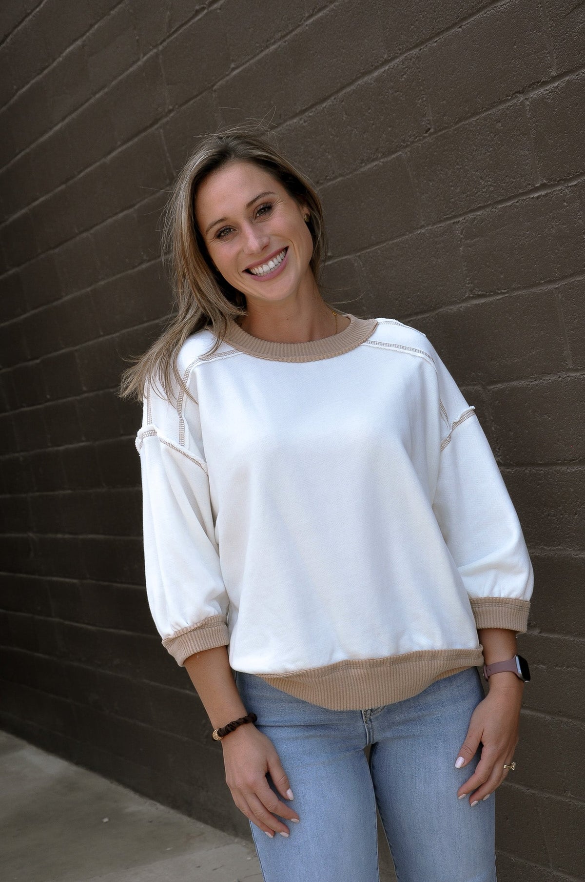 Contrast Rib-Band & Stitch Raw Edge Top
