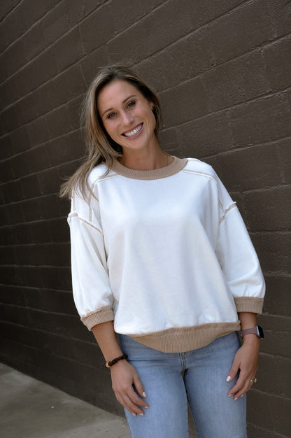 Contrast Rib-Band & Stitch Raw Edge Top