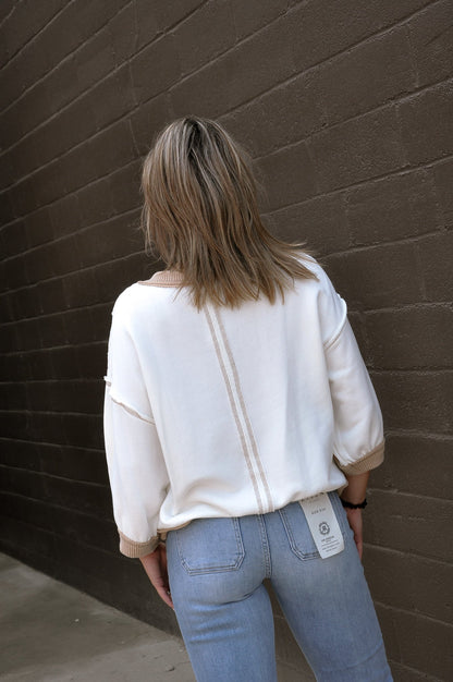 Contrast Rib-Band & Stitch Raw Edge Top
