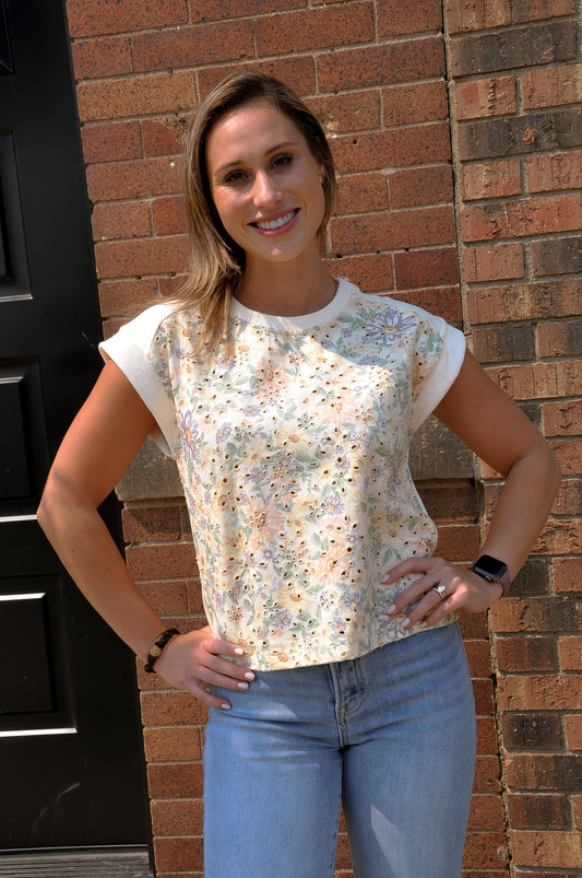 Cotton Twill Floral Terry Mix Muscle Top