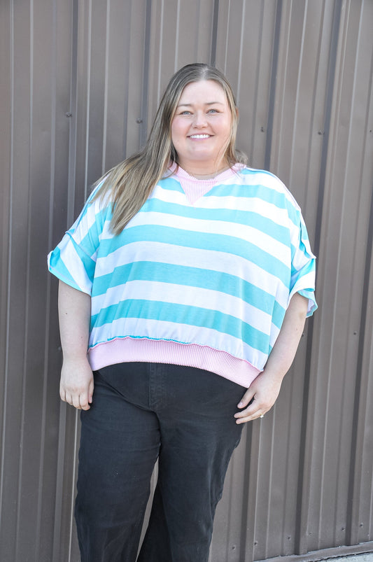 Curvy Flutter Sleeve Stripe French Terry Top