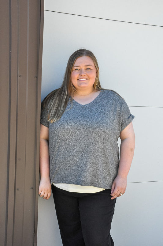 Curvy Black Heather  V-neck Tee