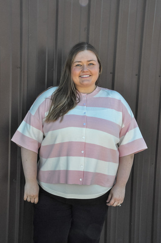 Curvy Striped Button-Down Knitted Top