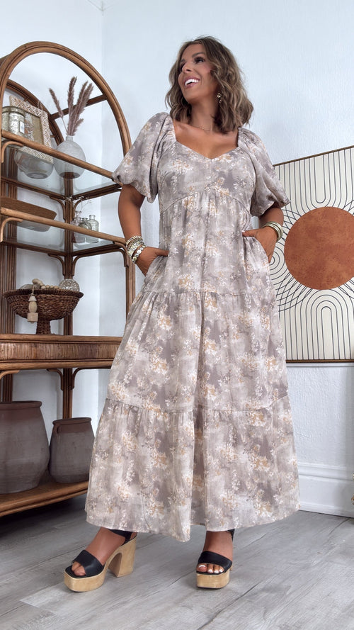 Granite Hues Whimsical Bubble Sleeve Maxi Dress, Taupe