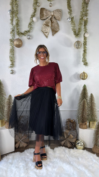 Holiday Cheer Puff Sleeve Sequin Top, Red