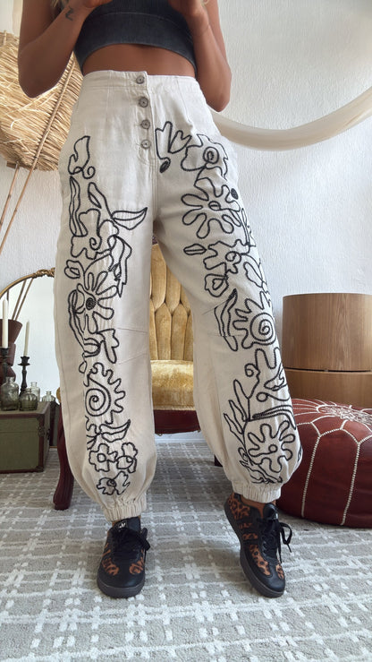 For The Love Of Floral Embroidered Denim Jogger, Oatmilk