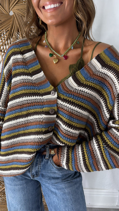 Homeroom Teacher Knit Cardigan, Brown/ Multi