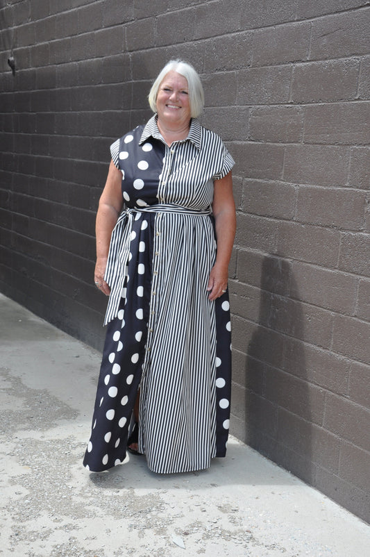 Curvy Contrast Dot Stripe Shirt Dress