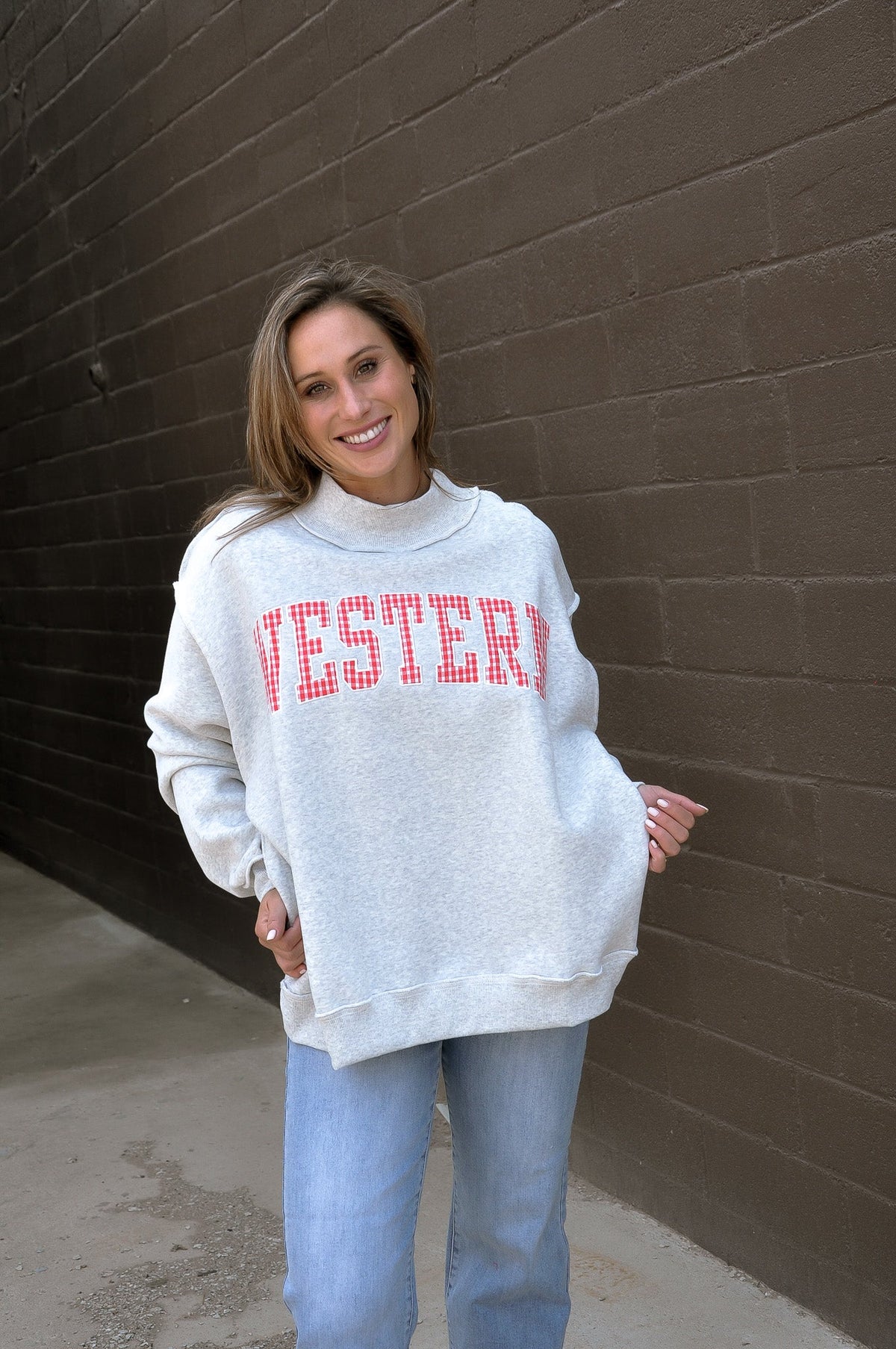 Embroidered "Western" Mock Neck Sweatshirt