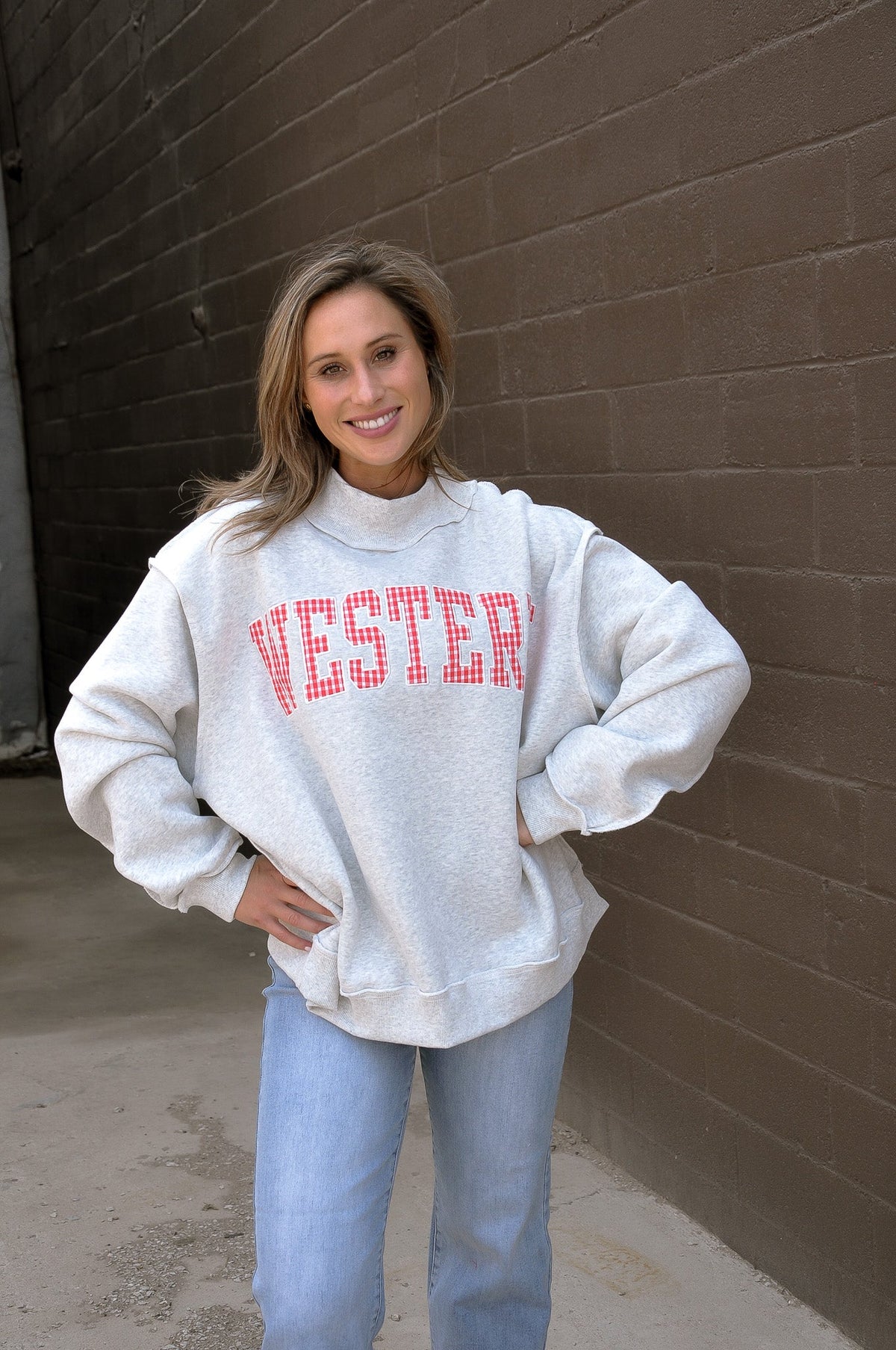 Embroidered "Western" Mock Neck Sweatshirt