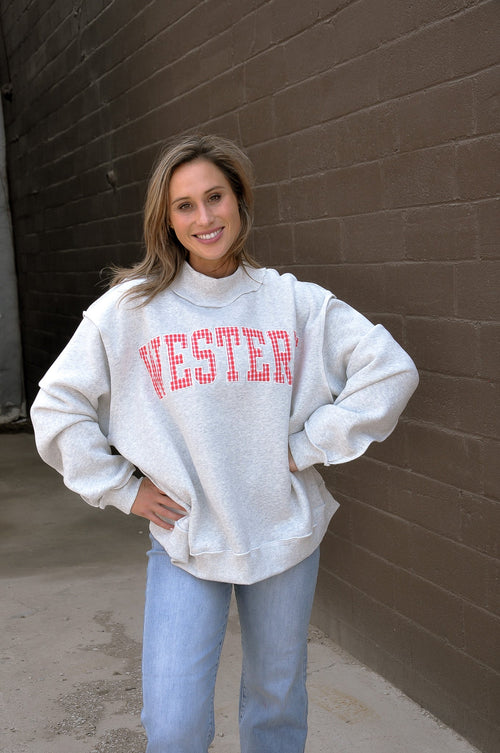 Embroidered "Western" Mock Neck Sweatshirt