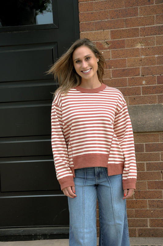 Drop Shoulder Unbalanced Hem Stripe Top