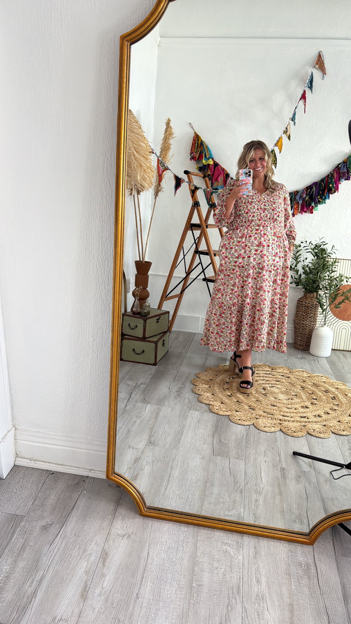 Full Bloom Floral Print Smocked Maxi Dress