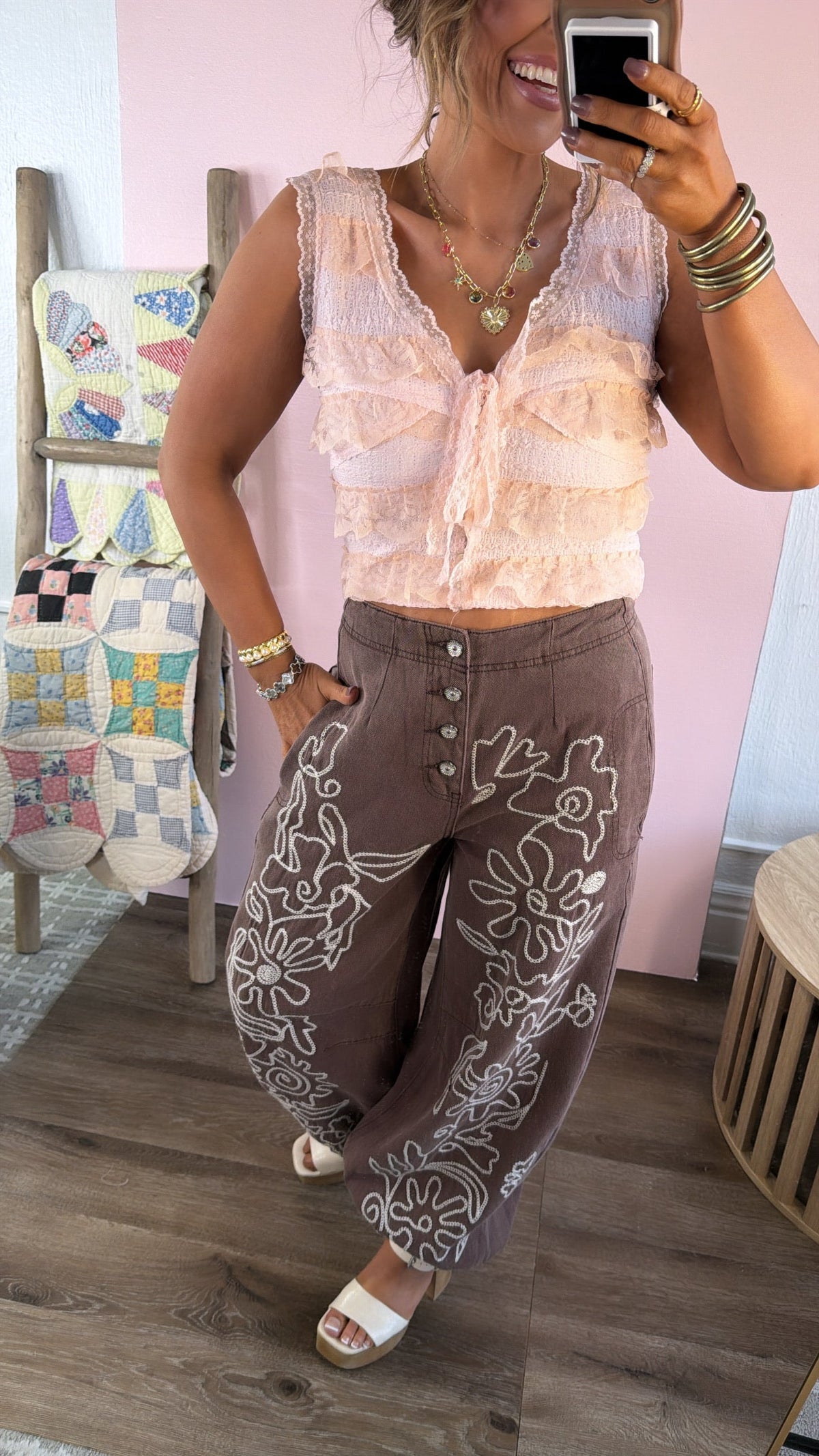 For The Love Of Floral Embroidered Denim Jogger, Mocha