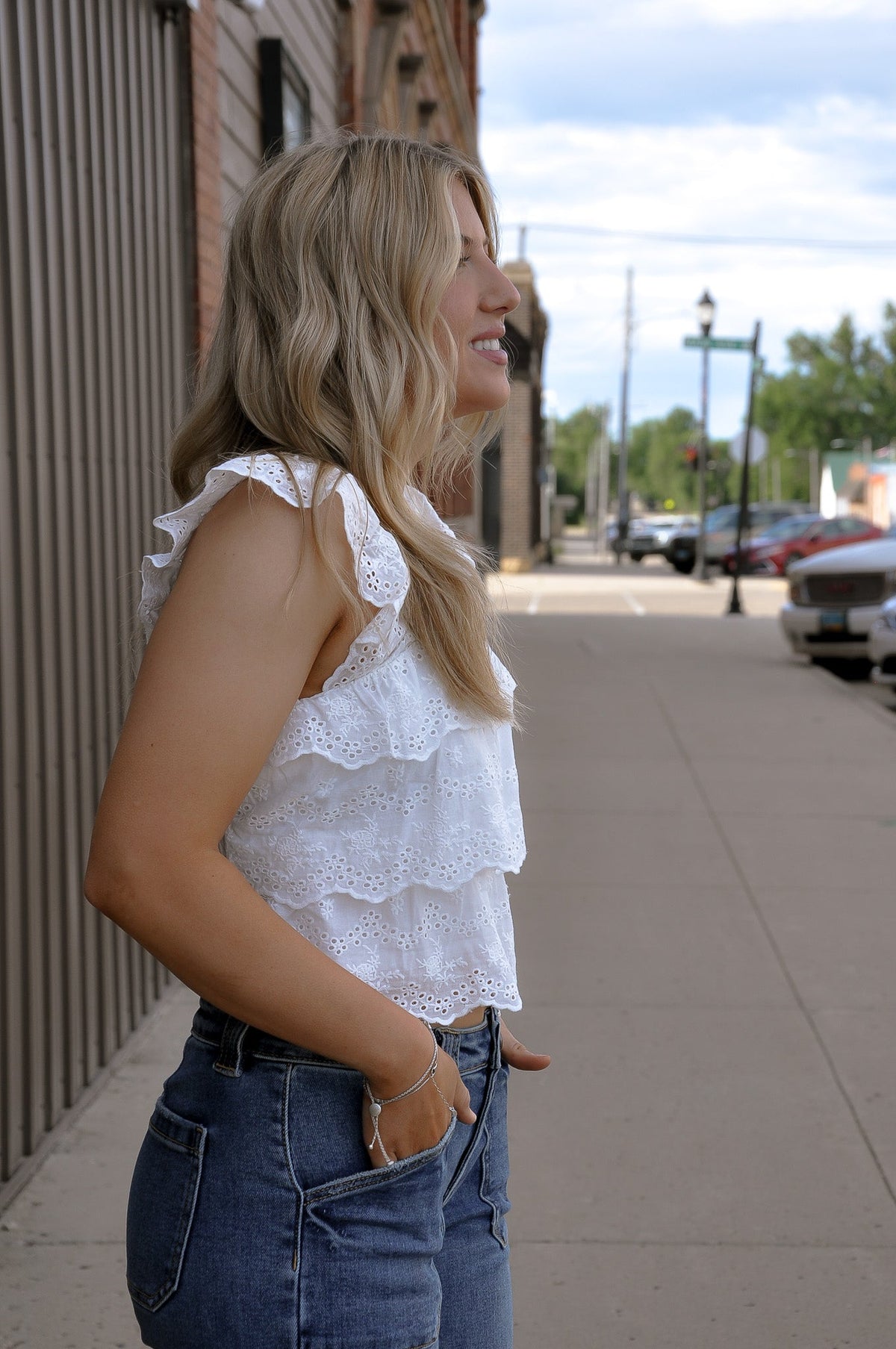 Embroidered Eyelet Ruffle Tier Crop Top