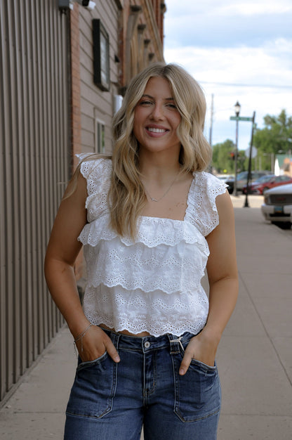 Embroidered Eyelet Ruffle Tier Crop Top