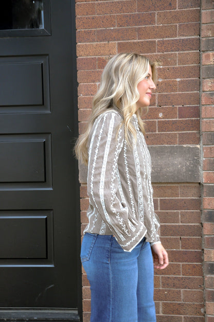 Embroidered Lace Trim Button-up Blouse