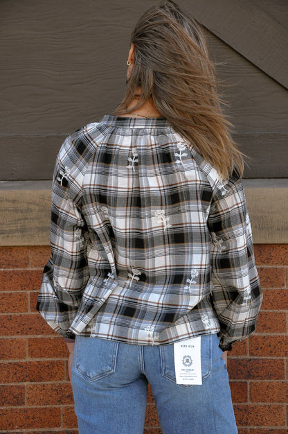 Embroidered Plaid Tie Neck Blouse
