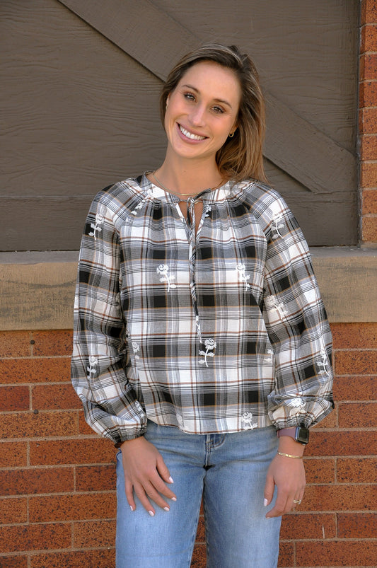 Embroidered Plaid Tie Neck Blouse