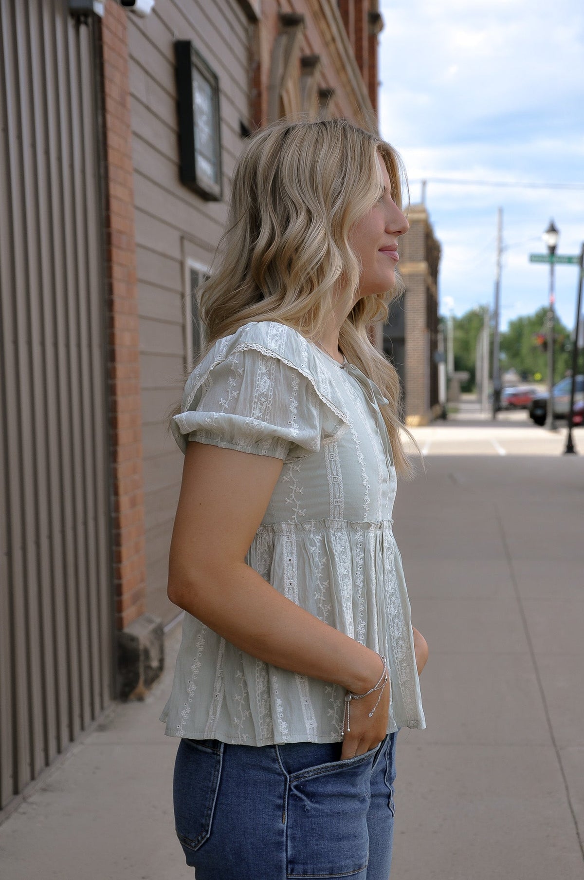 Embroidered Ruffle Sleeve Peplum Top