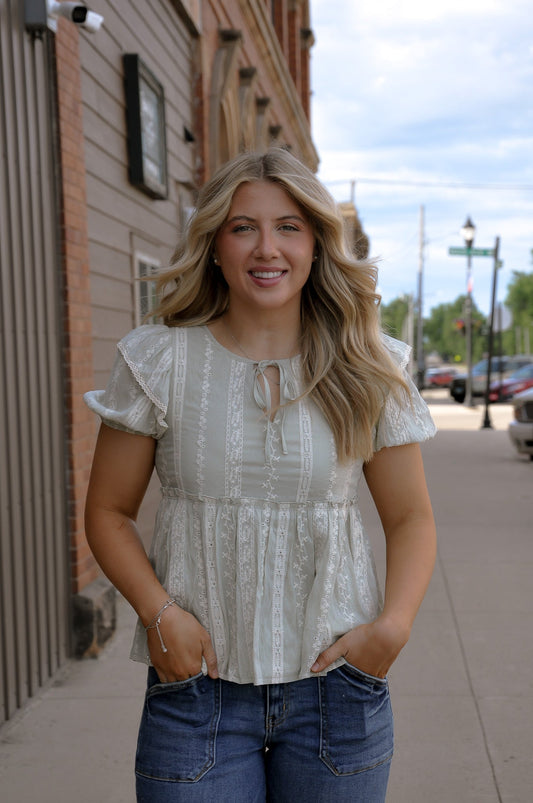 Embroidered Ruffle Sleeve Peplum Top