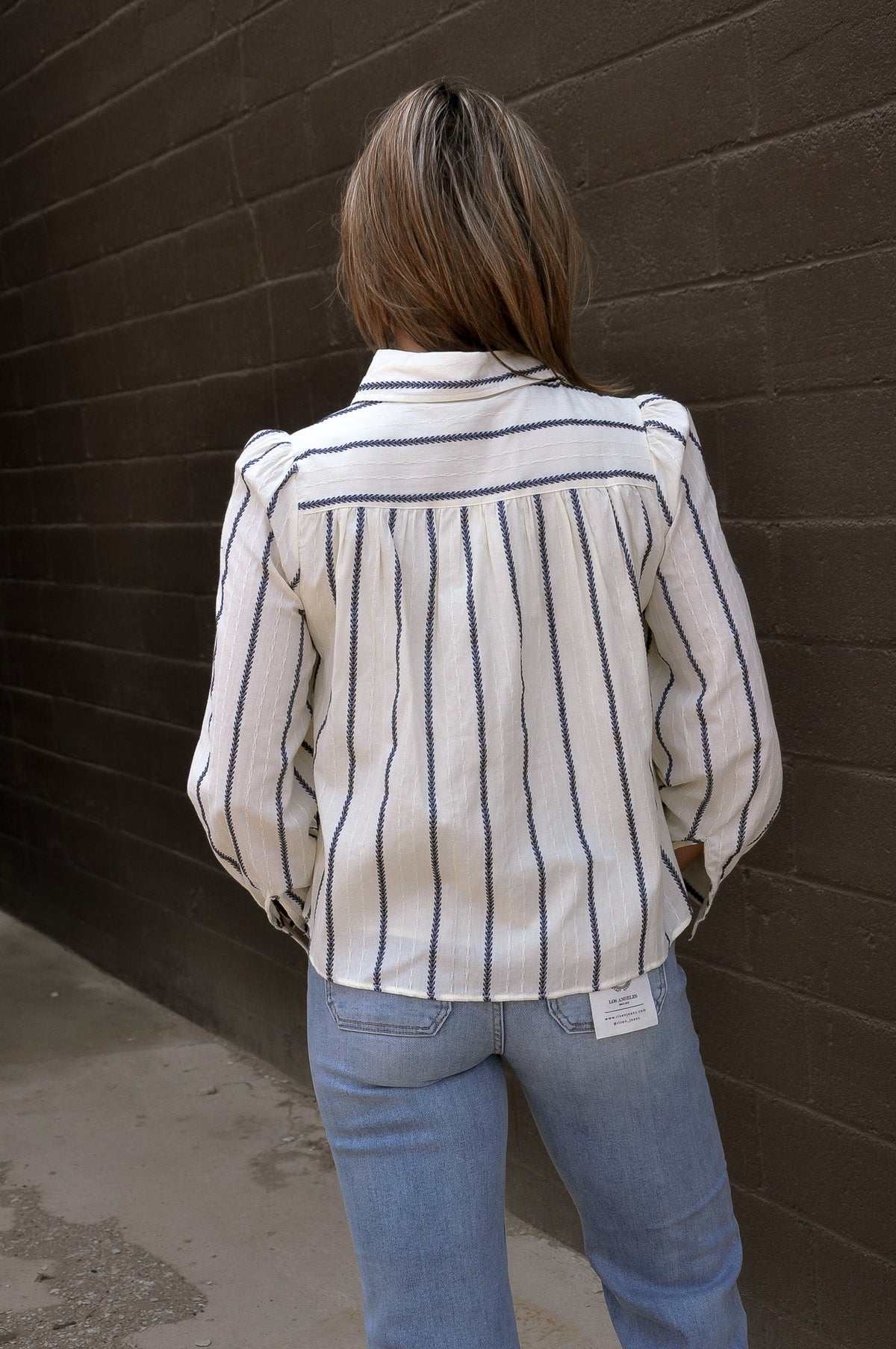 Embroidered Stripe Ruffle Front Blouse