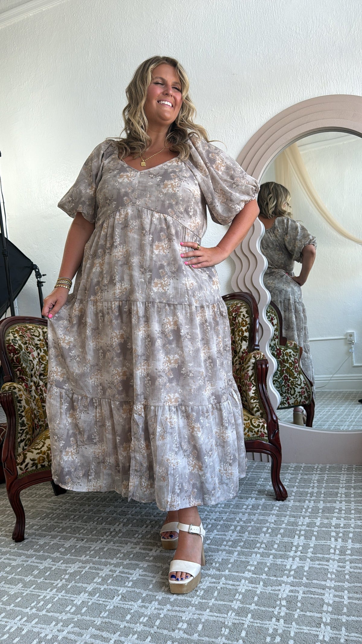 Granite Hues Whimsical Bubble Sleeve Maxi Dress, Taupe