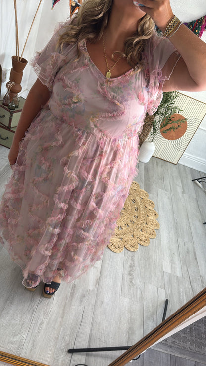 Floral Tulle Maxi Dress, Pink